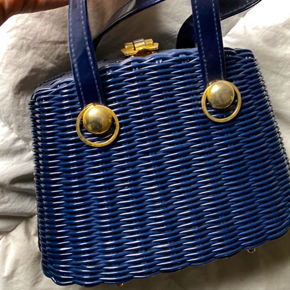 Blue Vintage PVC handbag faux whicker gold accents